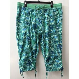 Caribbean Joe Floral Capri Pants Women's XL Drawstring Hem Tropical Stretch Blue
